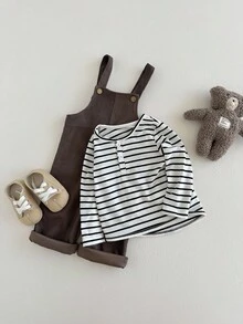 SHEIN 2件套男婴纯色背带裤和条纹长袖上衣套装 - 咖啡棕 - 查看 5