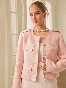 Revavyn Áo khoác vải tuýt thanh lịch với chất liệu vải chỉ bạc, trang trí túi, thiết kế đa năng dành cho nữ - Hồng - Xem 2