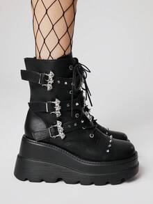 ROMWE Grunge Punk 2026新款厚底朋克风黑色PU皮靴，女士修身哥特踝靴，适合秋冬季、圣诞节、Y2K风格穿搭 - 黑色 - 查看 4