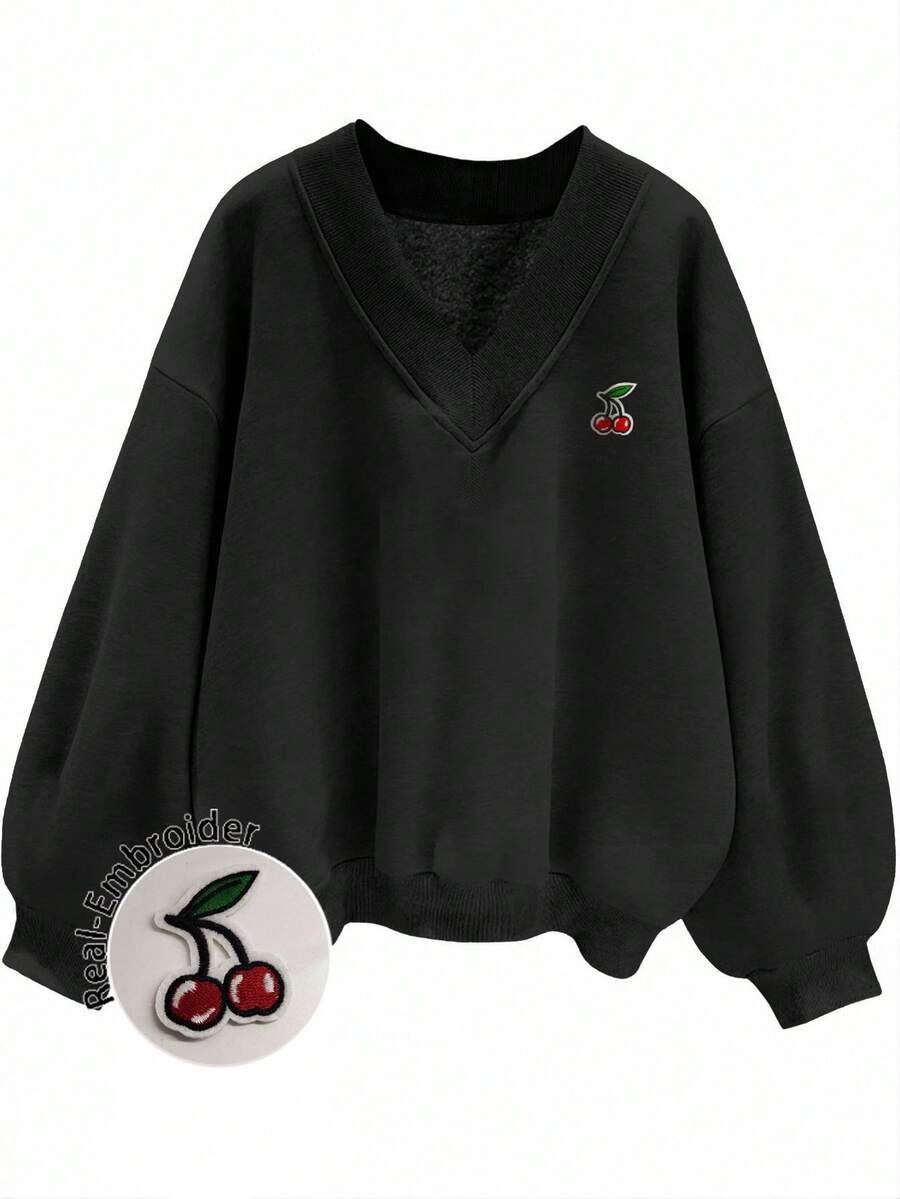 SHEIN EZwear Sudadera holgada de cuello en V talla grande para mujer, talla grande, color negro, adecuada para vacaciones, vuelta al colegio, otoño/invierno, salida nocturna, tops para salir - Negro - Ver 1