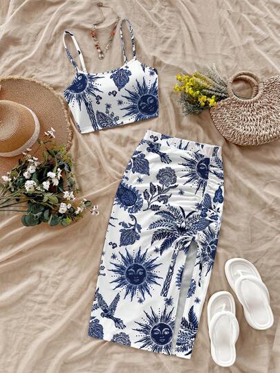 Soleia 加大码女式夏季海滩度假热带印花吊带背心上衣和抽绳褶饰高开衩下摆短裙 2 件套