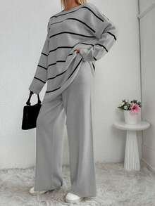 EURMUSE Conjunto de suéter con parte superior de manga larga de cuello redondo con patrón de rayas y pantalones de unicolor para mujer - Gris Claro - Ver 4