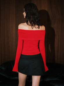 Airlisse 1pc Red Off-Shoulder Top With 3D Floral Decor, Christmas - Red - View 3