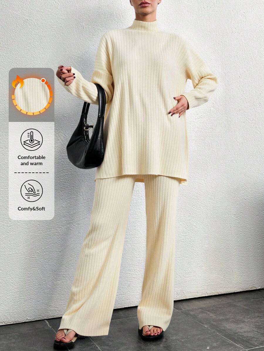EURMUSE Women's Loose Drop Shoulder Sweater With Split Hem And Sweater Pants Set - Apricot - View 1