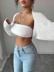 Islaluna 女式优雅纯色罗纹针织短款开衫，秋季 - 米色 - 查看 5