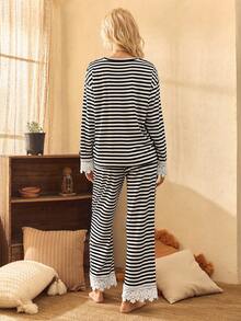 Lullawish Conjunto de pijama casual a rayas para mujer, ropa de otoño e invierno - Blanco y Negro - Ver 2