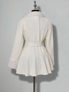 SHEIN ICON Women's White Umbrella Pleated Waist Fitted Sexy Long Sleeve Wool Blend Mini Dress, Elegant Office Wear, Autumn/Winter - White - View 8