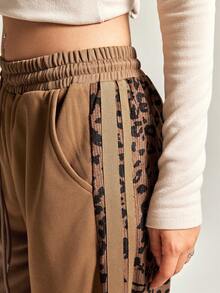 Easelle 休闲通勤豹纹拼布抽绳腰运动裤 - 棕色 - 查看 5