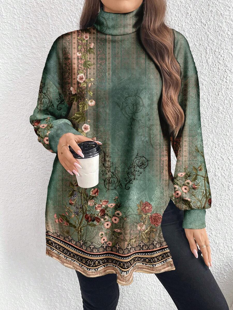 EMERY ROSE Camiseta larga de cuello alto con patrón floral elegante y retro de talla grande, para primavera/otoño - Multicolor - Ver 1