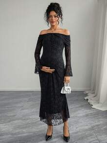 Momance Elegantes Umstandskleid mit Off-Shoulder, Langarm, Bindedetail und schwarzer Spitze - Schwarz - Übersicht 6