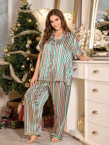 LuxeNights Plusstorlek kvinnor randig kofta pyjamasset med slag, till jul - Multifärgad - Visa 6