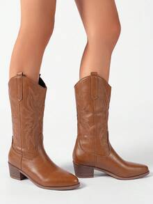 Styleloop Bottes de cow-boy à bout pointu de style occidental marron, à talon épais avec broderie. Tenue de mode pour l'automne/l'hiver, Noël, Halloween