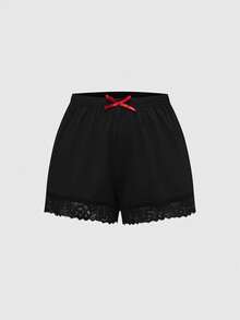 ROMWE Goth Women's Dark Christmas Black Cat Skull Print Lace Collar Splice Spaghetti Strap 3D Cherry Camisole And Ruched Super Short Shorts 2 Piece Pajama Set - Black - View 8