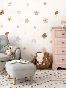 1 pezzo Grande adesivo da parete rimovibile con fiori ad acquerello, farfalle arcobaleno, decorazione da parete autoadesiva, arte da parete per soggiorno, camera da letto, motivo floreale estetico