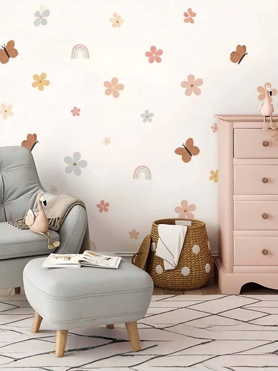 1张大型可移除墙贴 水彩花卉 彩虹蝴蝶墙贴 自粘墙面艺术装饰 适用于客厅卧室 美观花卉壁画 - 多色-3 - 查看 1