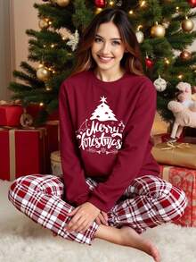 少女两件套圣诞树和英文文字印花牛奶丝圆领长袖上衣和格子宽松舒适裤睡衣套装，圣诞红格子，1 套 - 酒紅色 - 查看 5