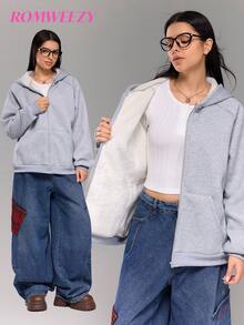 Teen Girl Solid Color Raglan Sleeve Zip-Up Casual Hoodie Jacket, Thermal Lined, Autumn/Winter - Grey - View 1