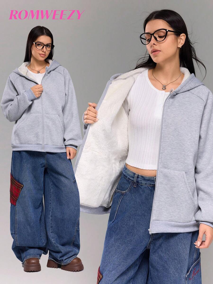 Teen Girl Solid Color Raglan Sleeve Zip-Up Casual Hoodie Jacket, Thermal Lined, Autumn/Winter - Grey - View 1