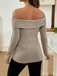 SHEIN Maternity Elegant Autumn Babyshower Solid Color Applique Ribbed Off Shoulder Long Sleeve Sweater,Women Fall Winter Knit T-Shirt Clothes Top - Apricot - View 2