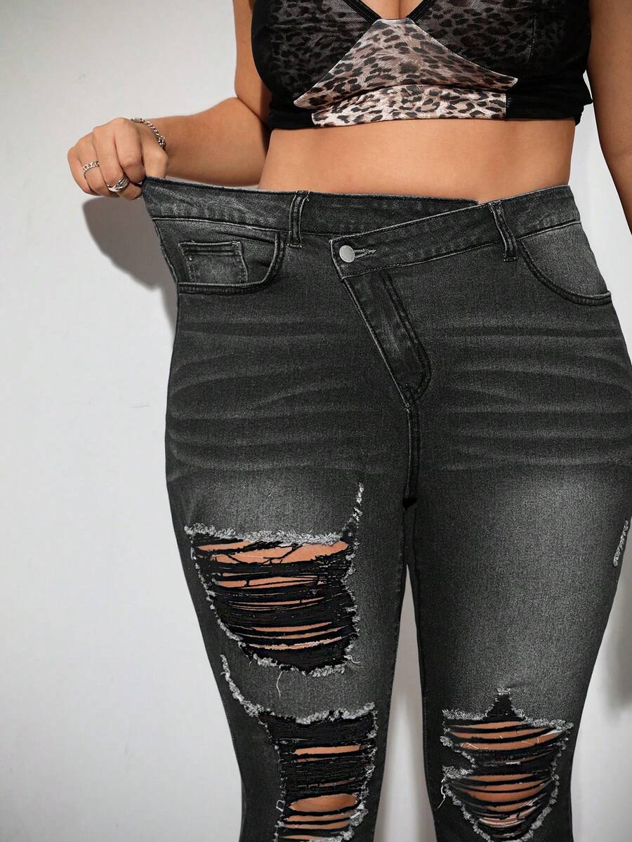 SHEIN ICON Blue Plus Size Jeans Street Sexy Ripped Tight Elastic Casual Outfit Back To School Clothes Fall Women Clothes Teacher Outfits Teacher Pants