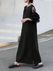 FRIFUL Đầm nữ màu xám đậm trơn, cổ chữ V, không tay, chất liệu vải dệt kim, dáng suông, kiểu dáng thường ngày, xẻ tà, đa năng, thích hợp cho mùa thu hè. - màu đen - Xem 4