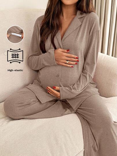 SHEIN 2pcs Maternity Solid Color Button Front Long Sleeve Top And Pants Set Loungewear Women Sleep Wear Women Maternity Sets 2 Piece Lounge Sets Woman Maternity Clothes Two Piece Suits