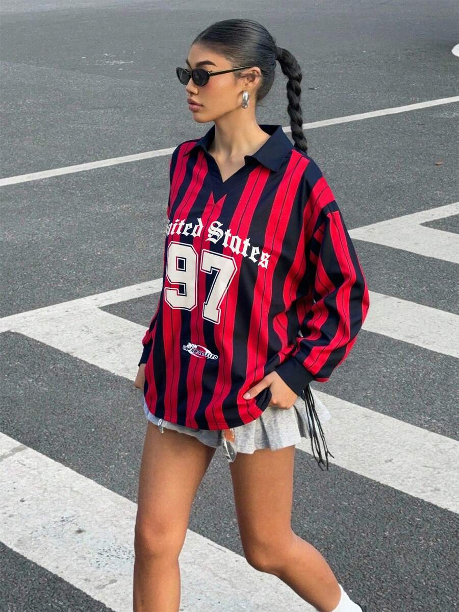 Muchica 女士休闲撞色 Polo 领长袖宽松 T 恤,适合秋冬季 - 彩色 - 查看 1
