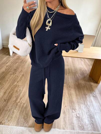 CovetEZ Women's Casual Everyday Commute Simple Solid Color Loose Pullover Sweater And Drawstring Waist Sweater Pants Set, Autumn/Winter Comfortable Two Piece Set Two Piece Set Women Comfy Navy Blue Jumpsuit Women Knit Two Piece Set Two Piece Lounge Set,Fall,Fall Clothes For Women