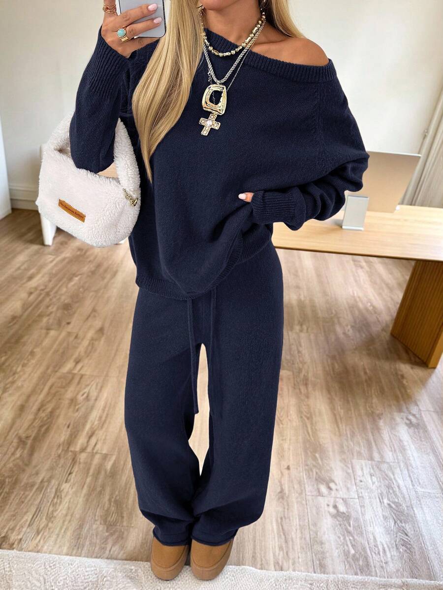 CovetEZ Damen Lässig Alltags Pendler einfache Einfarbige lose Pullover Sweater und Sweathose mit Kordelzug, Herbst/Winter - marineblau - Übersicht 1