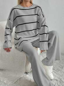 EURMUSE Conjunto de suéter con parte superior de manga larga de cuello redondo con patrón de rayas y pantalones de unicolor para mujer - Gris Claro - Ver 5