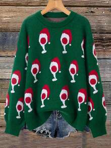 EMERY ROSE Christmas Holiday Wine Glass Print Green Casual Party Sweater Top - Green - View 1