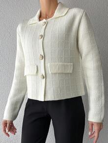 EURMUSE Flap Detail Button Front Cardigan - Beige - View 3