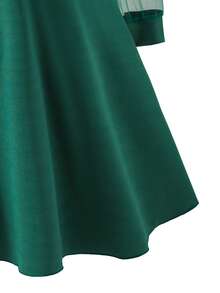 1pc Girls Wednesday Shirt Collar Black Mesh Patchwork Long Sleeve Dress, Mesh Puff Sleeve Dress, Autumn (Dress Only) - Dark Green - View 4