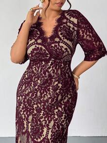 Firerie Plus Size Spring/Autumn Comfortable Casual Elegant Resort Underwire Lace Contrast Lining Stretchy Women Long Sleeve Dress For Office Burgundy/New Year - Burgundy - View 4