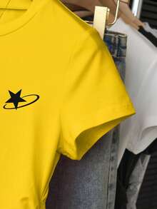 INAWLY Áo thun nữ in hình ngôi sao, cạp chun, thời trang & đa năng, thích hợp mặc hàng ngày, mặc ngày lễ, họa tiết thiên hà năm cánh, phải có, bắt mắt - Màu vàng - Xem 4