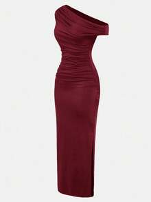 SHEIN Tween Girl Casual Elegant Asymmetric Neck Ruched Waist Bodycon Maxi Knit Dress, Suitable For Halloween Party, Back To School Outfit, Gatherings, Wine Red Dress Elegant Dinner Dress Girls