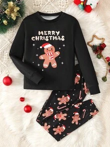 SHEIN 少女紧身针织休闲圆领长袖家居服套装 - 藍色 - 查看 5