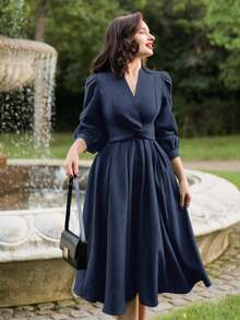 Vintamour 复古优雅女式连衣裙，带口袋和扭纹细节，长袖休闲通勤节日连衣裙，女士冬季服装，女士冬季服装，圣诞服装，女士圣诞服装，圣诞节女装，新年服装，新年服装，女士感恩节服装，女士优雅连衣裙，女士优雅连衣裙