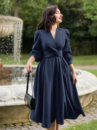 Vintamour Vintage Elegant Women's Dress With Pockets & Twist Detail Long Sleeve Casual Commute Holiday Dress Winter Clothes For Women Winter Dress Women Christmas Clothes Christmas Outfit For Women Christmas Women's Clothing New Year Clothes New Year Outfit Thanksgiving Outfit For Women Elegant Dresses For Women Elegant Dress Women,Dresses For Women Elegant,New Year Dress ,Elegant Party Dresses