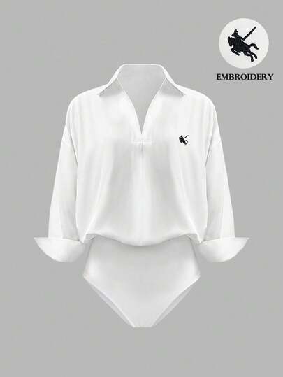 INAWLY Plus Size Women White Embroidered Horse Logo Bodysuit