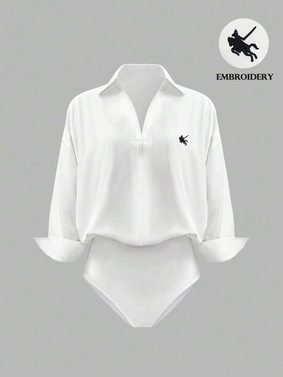 INAWLY 大码女式白色刺绣马标志紧身衣