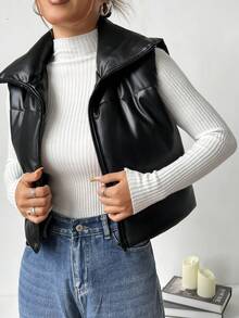 SHEIN EZwear Women Simple Plain Short Leather-Padded Coat , Winter Vest - Black - View 3