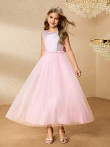 Girls' Princess Long Dress, Metallic Mesh Tulle Party Gown - Pink - View 5