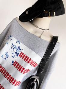 Sweetra Young Teen Girl Casual Fashion Street Style Asymmetrical Shoulder Number 33 Graphic Long Sleeve Sweatshirt, Autumn/Winter