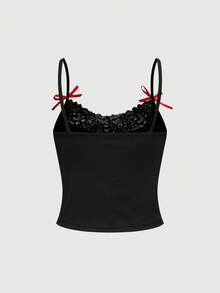 ROMWE Goth Women's Dark Christmas Black Cat Skull Print Lace Collar Splice Spaghetti Strap 3D Cherry Camisole And Ruched Super Short Shorts 2 Piece Pajama Set - Black - View 4