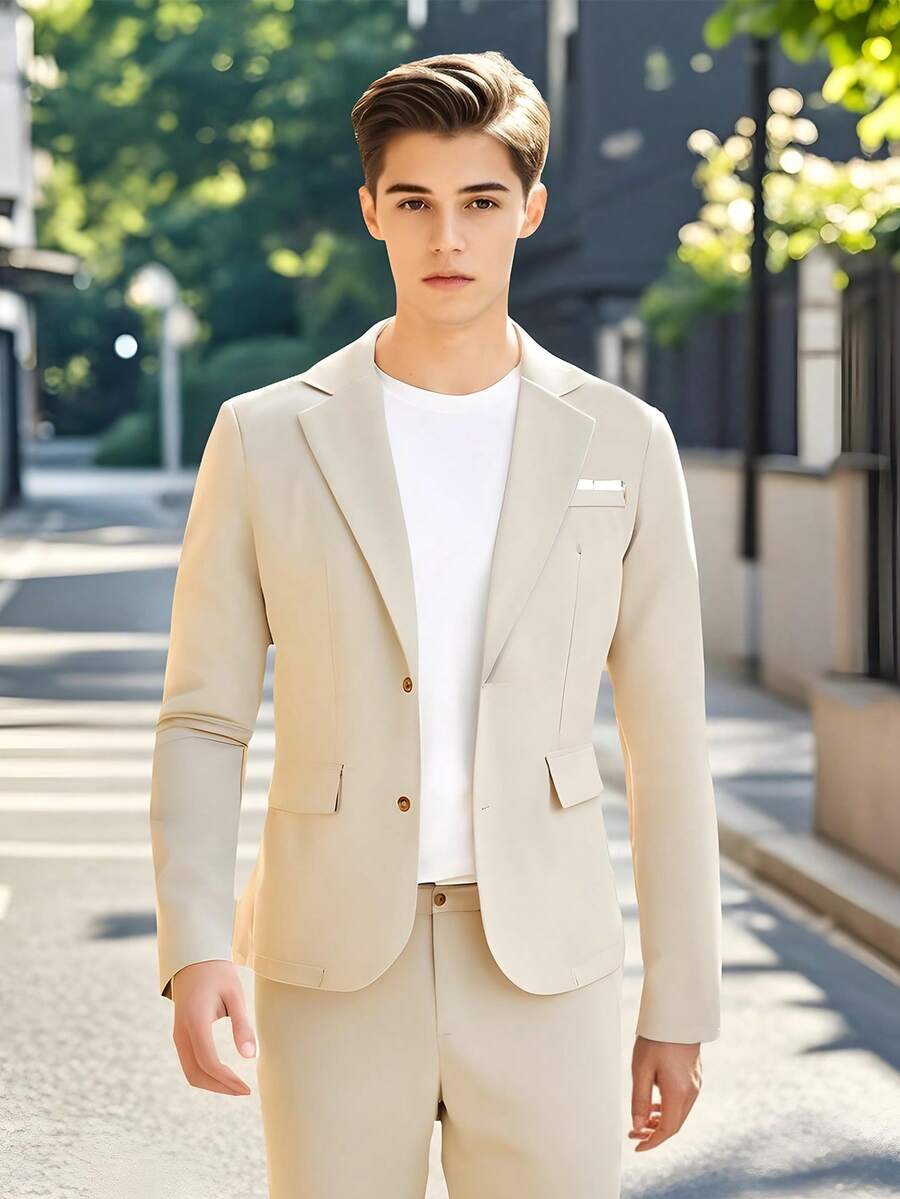 SHEIN 2pcs/Set Teen Boy Gentleman Outfit, Beige Slim Fit Suit Jacket + Dress Pants, Elegant, Formal Attire Suitable For Birthday Party, Gala, Performance, Hosting, Wedding Season