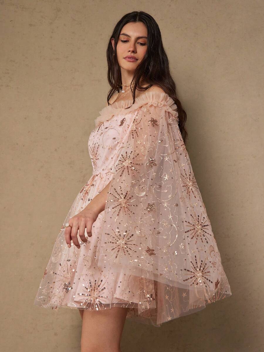 Freevana 大码女式优雅派对连衣裙，露肩亮片网眼拼接喇叭袖宽松连衣裙 - 杏色 - 查看 1