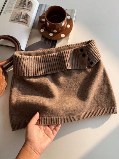 Comfortcana Falda de suéter de punto acanalado de unicolor, versátil y casual, estilo coreano para otoño/invierno