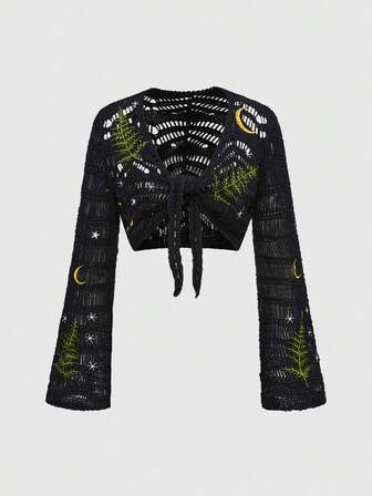 Women's Retro Fairycore Leaf, Sun & Moon Embroidered Sheer Cropped Flare Sleeve Cardigan