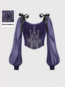 ROMWE Goth Blusa de manga abullonada con cuello cuadrado de encaje, parches y malla negra con bordado de cruz y castillo gótico vintage para mujeres - Morado - Ver 1